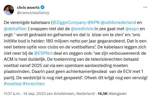 Tweet Chris Woerts over kritiek van kabelaars op deal tussen ESPN en Eredivisie